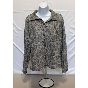 Chico's Jacquard Knit Shirt Jacket Gray & Black Leaf Pattern Button Font Size 3
